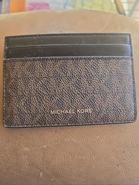 Michael Kors Brown Leather Monogram with Black Trim Card Holder